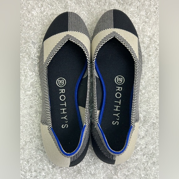 Rothy’s Womens Size 6 Round Toe Cream Black Plaid Flats Shoes - Picture 6 of 8